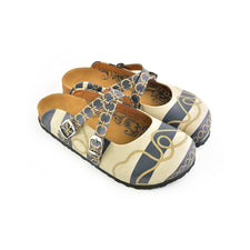 CALCEO Beige and Navy Blue Striped, Gold Cyclic and Rope Pattern Clogs - CAL101 Women Clogs Shoes - Goby Shoes UK