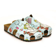 CALCEO Blue and Red Colored Rose Patterned and Nurse Girl Patterned Clogs - WCAL603 Women Clogs Shoes - Goby Shoes UK