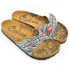 CALCEO Black and White Striped Patterned, Lips and Sunshine Patterned Sandal - CAL902 Women Sandal Shoes - Goby Shoes UK