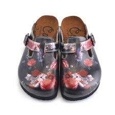 CALCEO Black and White, Red Colored Flowered Patterned Clogs - WCAL358 Women Clogs Shoes - Goby Shoes UK
