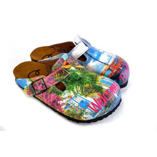 CALCEO Green and Pink Colored and Flowered, Welcome Bodrum Written Patterned Clogs - WCAL368 Women Clogs Shoes - Goby Shoes UK