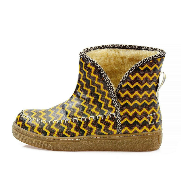 Brown & Yellow Zigzag Short Furry Boots ACAP111, Goby, ALASKA Short Furry Boots 