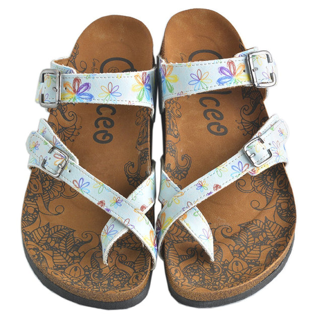  CALCEO Rainbow Flowers and Light Blue Pattern Sandal - CAL1007 Sandal Shoes - Goby Shoes UK