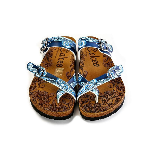  CALCEO Light Blue and White, Sea Wavy Dark Blue Pattern Sandal - CAL1013 Women Sandal Shoes - Goby Shoes UK