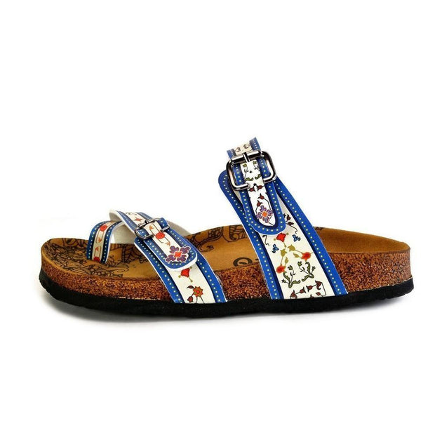  CALCEO Dark Blue, Black and Cream Banded, Mosaic Color Flowers Patterned Sandal - CAL1015 Women Sandal Shoes - Goby Shoes UK