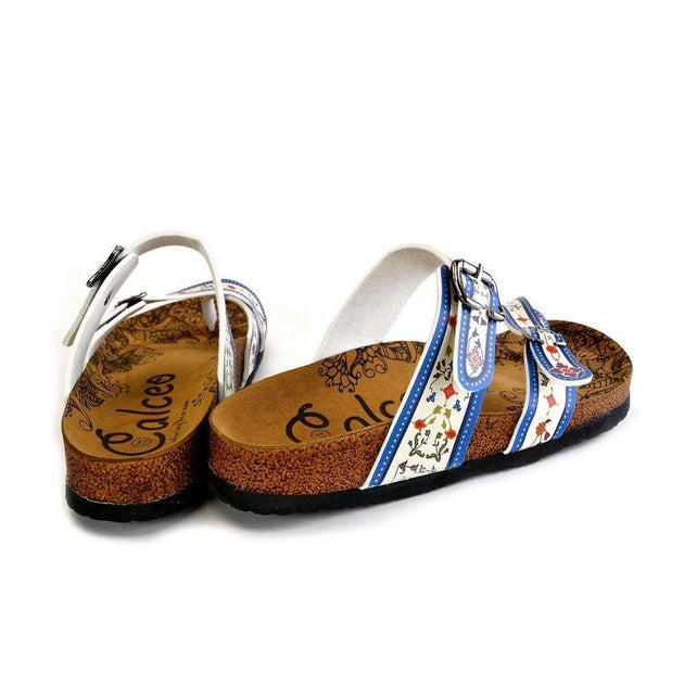  CALCEO Dark Blue, Black and Cream Banded, Mosaic Color Flowers Patterned Sandal - CAL1015 Women Sandal Shoes - Goby Shoes UK