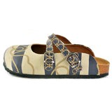  CALCEO Beige and Navy Blue Striped, Gold Cyclic and Rope Pattern Clogs - CAL101 Women Clogs Shoes - Goby Shoes UK