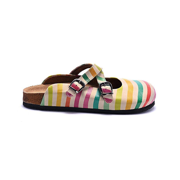  CALCEO Red, Green, Orange and Colored Stripe and Striped Cream Pattern Clogs - CAL102 Clogs Shoes - Goby Shoes UK