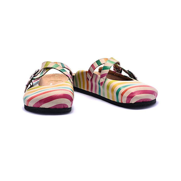 CALCEO Red, Green, Orange and Colored Stripe and Striped Cream Pattern Clogs - CAL102 Clogs Shoes - Goby Shoes UK