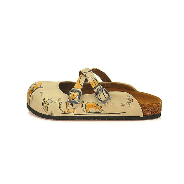  CALCEO Orange and Yellow Colored, Cat and Bird Beige Patterned Clogs - CAL103 Clogs Shoes - Goby Shoes UK