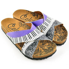  CALCEO Purple, Black and White Musical Notes Piano Patterned Sandal - CAL1102 Sandal Shoes - Goby Shoes UK