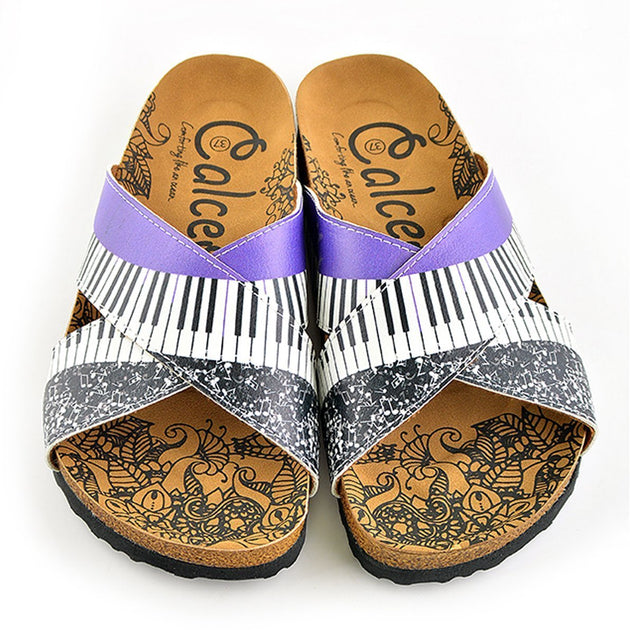  CALCEO Purple, Black and White Musical Notes Piano Patterned Sandal - CAL1102 Sandal Shoes - Goby Shoes UK