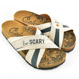  CALCEO Cream and White Stripes, Black Stripes be Scary Written Patterned Sandal - CAL1105 Women Sandal Shoes - Goby Shoes UK