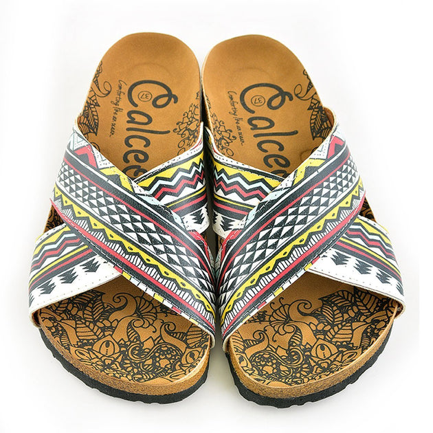  CALCEO Red, Black, Yellow, White Geometric and Pine Tree Shapes Patterned Sandal - CAL1106 Sandal Shoes - Goby Shoes UK