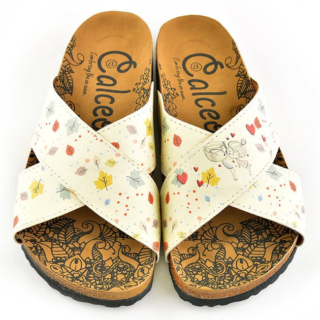  CALCEO Colorful Autumn Leaves and Hearted Girl and Boy Patterned Sandal - CAL1107 Women Sandal Shoes - Goby Shoes UK