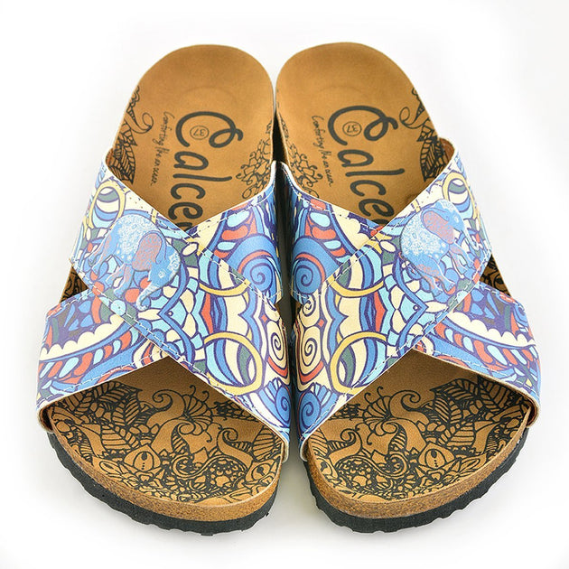  CALCEO Moving Colored Lines and Sea Waves and Blue, Light Blue, Red Colored Elephant Patterned Sandal - CAL1108 Sandal Shoes - Goby Shoes UK