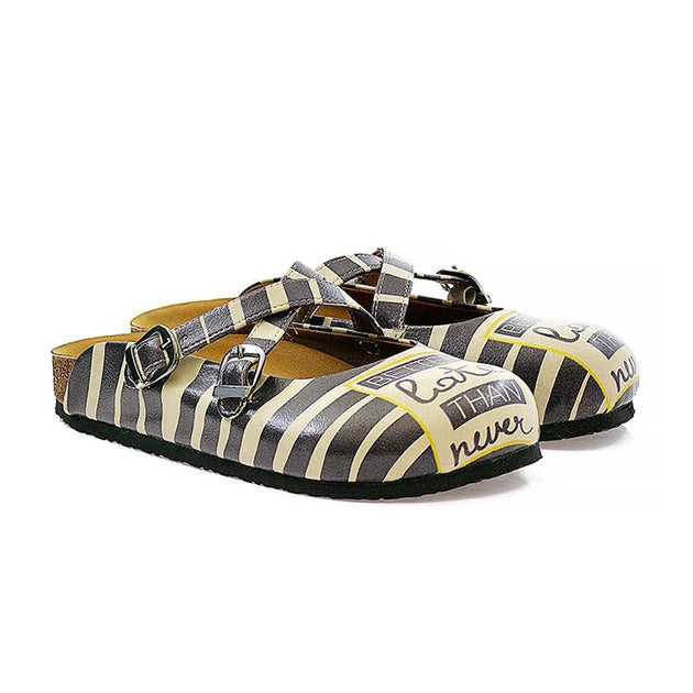  CALCEO Black and Beige, Stripes, Black Better Late Than Never Written Patterned Clogs - CAL111 Women Clogs Shoes - Goby Shoes UK