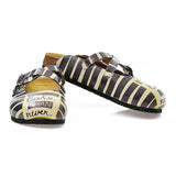  CALCEO Black and Beige, Stripes, Black Better Late Than Never Written Patterned Clogs - CAL111 Women Clogs Shoes - Goby Shoes UK