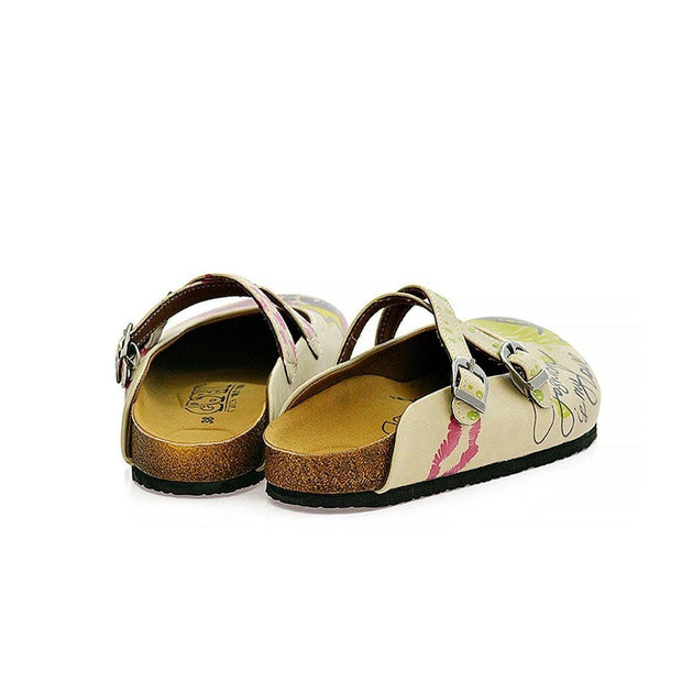  CALCEO Purple, Green, Yellow, Blue Eyes, Purple Heart, Green Round, Girl and Fashion is My Love Written Beige Patterned Clogs - CAL114 Clogs Shoes - Goby Shoes UK