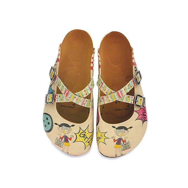  CALCEO Colored Polkadot and Lines, Girlz and Wow Written Patterned Clogs - CAL118 Women Clogs Shoes - Goby Shoes UK