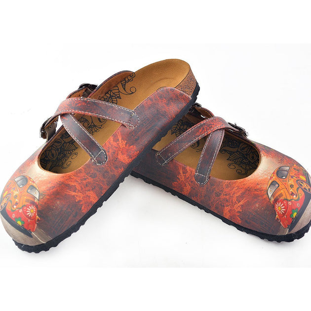  CALCEO Red, Orange Flowers Car Patterned Clogs - CAL121 Clogs Shoes - Goby Shoes UK