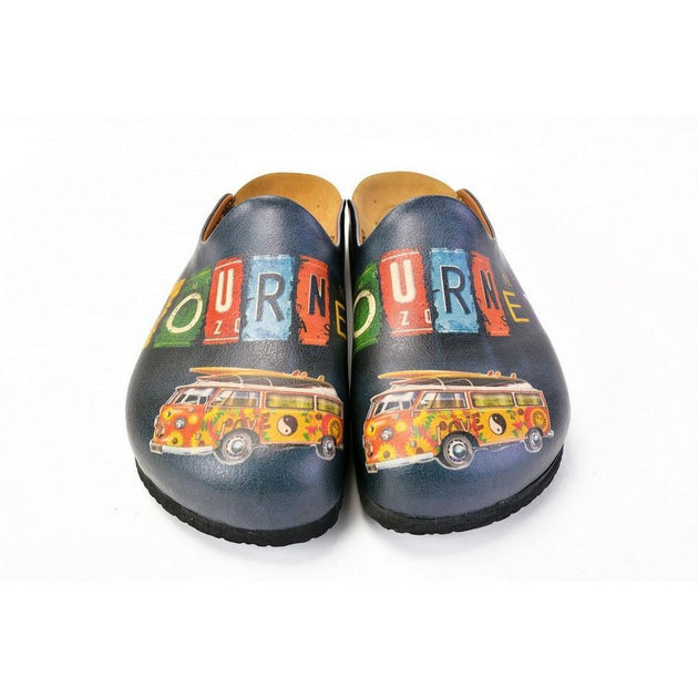  CALCEO Colored and Flowers Bus, Journey Written Black Patterned Clogs - CAL1403 Women Clogs Shoes - Goby Shoes UK