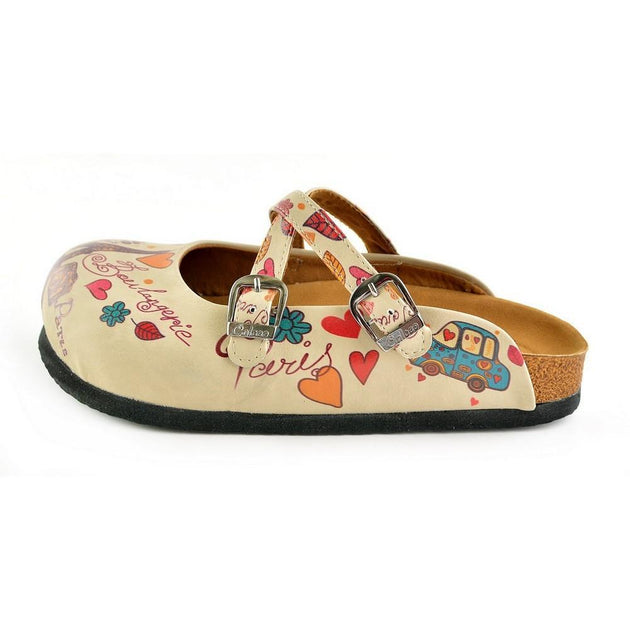 CALCEO Colored Flowers and Yellow Bird, Eiffel Tower Patterned Clogs - CAL144 Women Clogs Shoes - Goby Shoes UK