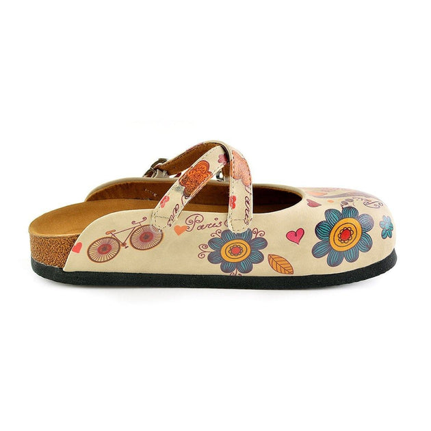  CALCEO Colored Flowers and Yellow Bird, Eiffel Tower Patterned Clogs - CAL144 Women Clogs Shoes - Goby Shoes UK