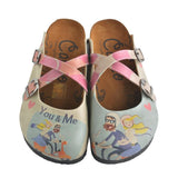  CALCEO Blue, Pink, You and Me Written, Men and Women Patterned Clogs - CAL147 Women Clogs Shoes - Goby Shoes UK