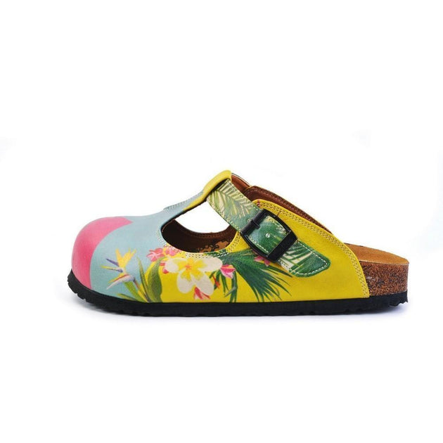  CALCEO Pink, Light Blue, Yellow and Tropical Flowers Patterned Clogs - CAL1502 Clogs Shoes - Goby Shoes UK