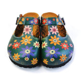  CALCEO Green and Colored Mixed Flowers Patterned Clogs - CAL1504 Women Clogs Shoes - Goby Shoes UK