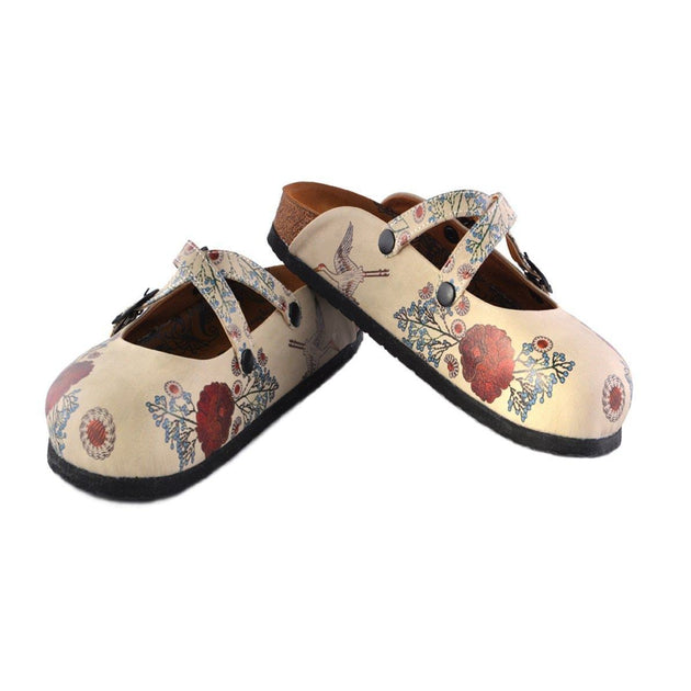  CALCEO Red Roses and Blue Flowers, Stork Patterned Clogs - CAL157 Clogs Shoes - Goby Shoes UK