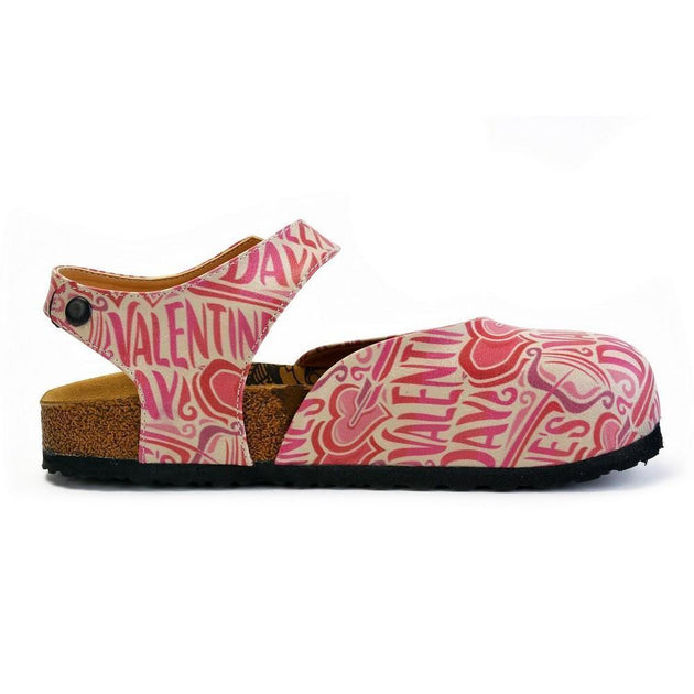  CALCEO Beige and Red Color, Heart Patterned, Valentines Day Written Patterned Clogs - CAL1605 Women Clogs Shoes - Goby Shoes UK