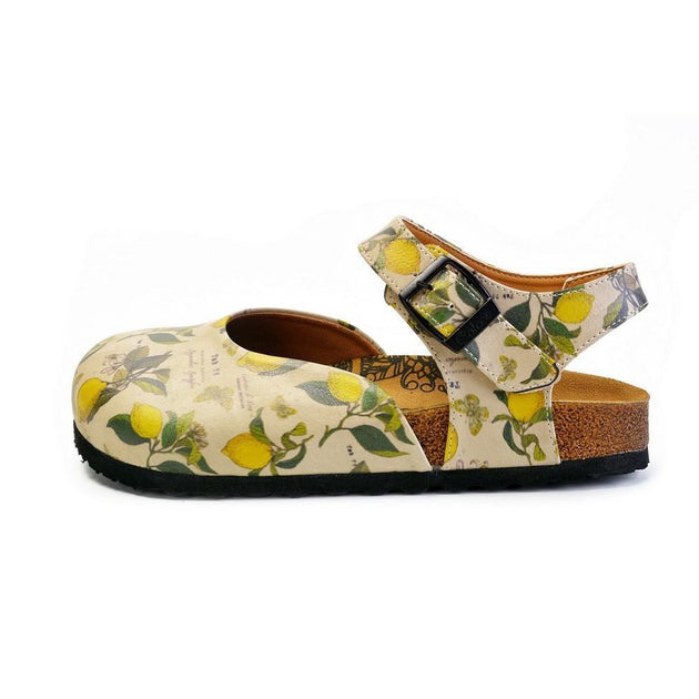  CALCEO Beige, Green Leaf and Yellow Lemon Patterned and Yellow Butterflys Clogs - CAL1606 Women Clogs Shoes - Goby Shoes UK