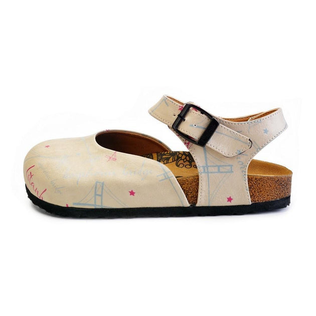  CALCEO Beige, Blue, Red Sail and Bridge Color, Istanbul Written Patterned Clogs - CAL1607 Women Clogs Shoes - Goby Shoes UK