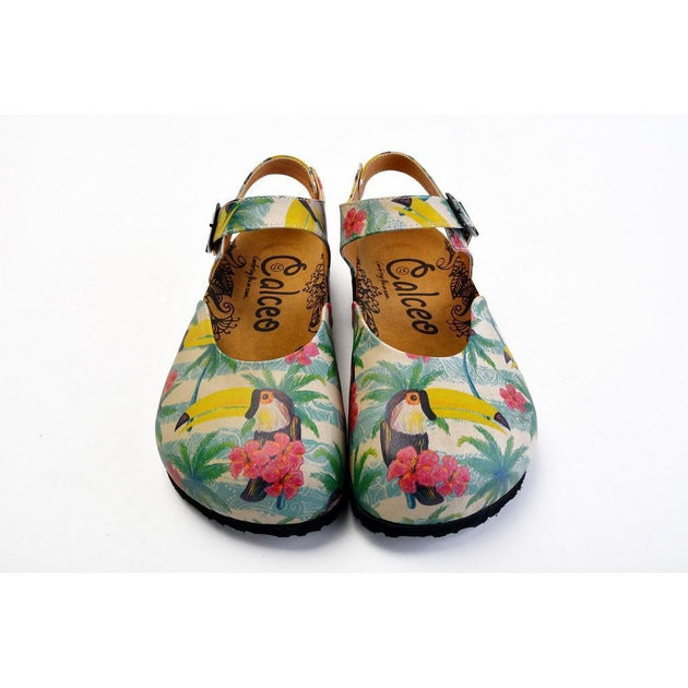  CALCEO Pink, Blue, Beige Color and Pink Flowers, Yellow Toucan Patterned Clogs - CAL1608 Clogs Shoes - Goby Shoes UK