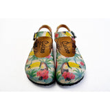  CALCEO Pink, Blue, Beige Color and Pink Flowers, Yellow Toucan Patterned Clogs - CAL1608 Clogs Shoes - Goby Shoes UK