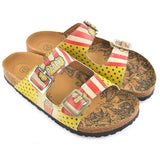 Yellow and Black Polkadot and Red, Cream Strip, Popcorn Written Patterned Sandal - CAL203