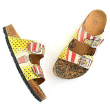 Yellow and Black Polkadot and Red, Cream Strip, Popcorn Written Patterned Sandal - CAL203