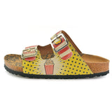 Yellow and Black Polkadot and Red, Cream Strip, Popcorn Written Patterned Sandal - CAL203