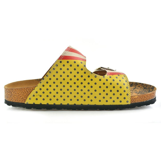 Yellow and Black Polkadot and Red, Cream Strip, Popcorn Written Patterned Sandal - CAL203