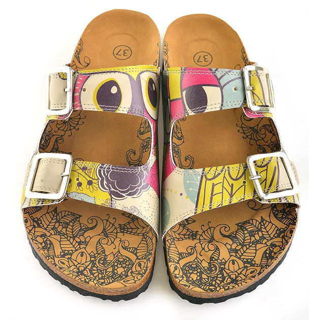  CALCEO Blue, Pink, Cream, Yellow Color, Flowers Owl Patterned Sandal - CAL205 Women Sandal Shoes - Goby Shoes UK