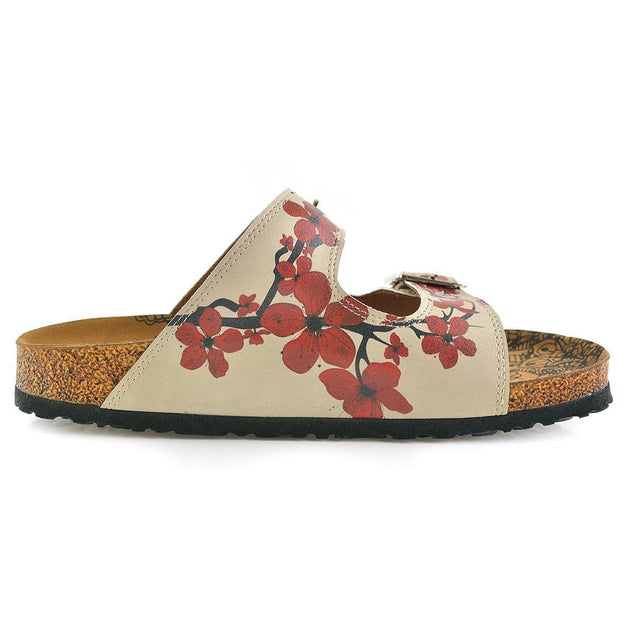  CALCEO Cream and Red Flowers, Black Tree Leaf and Black Bird Patterned Sandal - CAL207 Women Sandal Shoes - Goby Shoes UK
