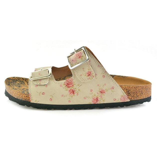  CALCEO Beige and Pink Roses, Green Leaf Patterned Sandal - CAL209 Women Sandal Shoes - Goby Shoes UK