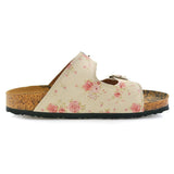  CALCEO Beige and Pink Roses, Green Leaf Patterned Sandal - CAL209 Women Sandal Shoes - Goby Shoes UK