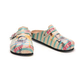  CALCEO Blue and Cream Strip Pattern and Car Driver Dog, Beep, Patterned Clogs - CAL302 Women Clogs Shoes - Goby Shoes UK