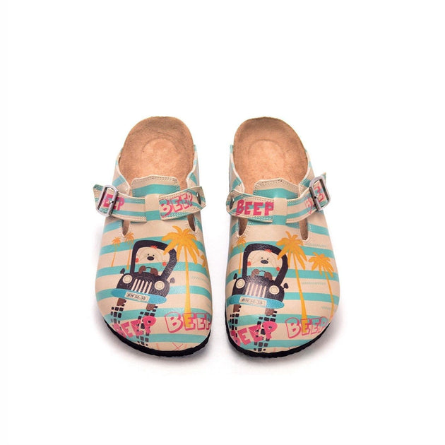  CALCEO Blue and Cream Strip Pattern and Car Driver Dog, Beep, Patterned Clogs - CAL302 Women Clogs Shoes - Goby Shoes UK