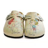  CALCEO Cream Color, Red Heart Men and Women Love, I Love You Written Patterned Clogs - CAL307 Women Clogs Shoes - Goby Shoes UK