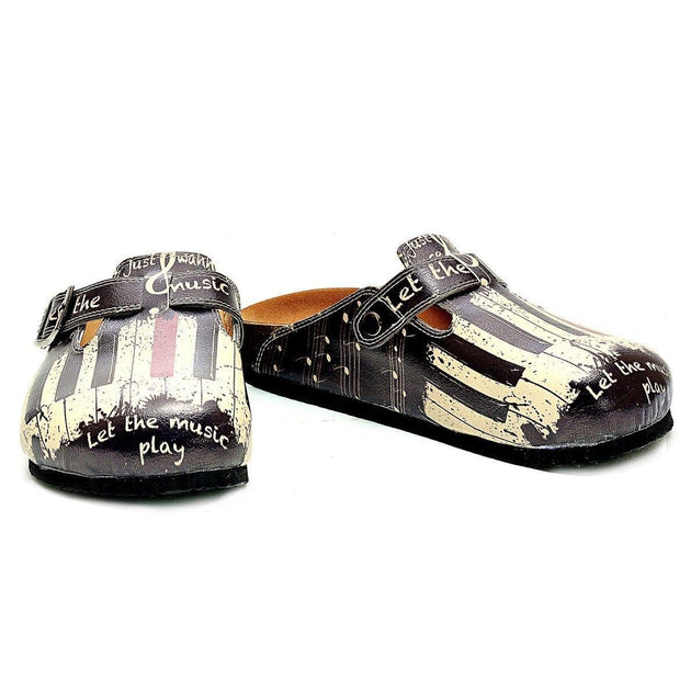  CALCEO Black and White, Red Piano Pattern and Let the Music Play Written Patterned Clogs - CAL311 Women Clogs Shoes - Goby Shoes UK