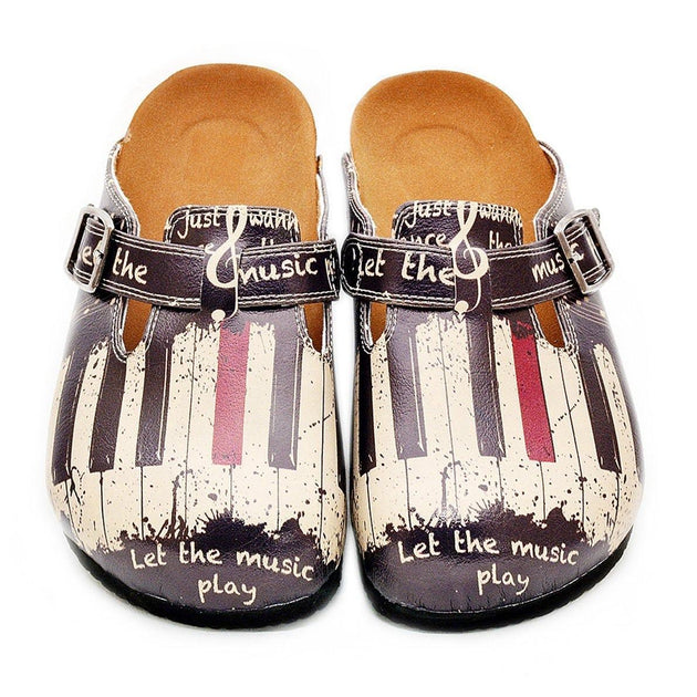  CALCEO Black and White, Red Piano Pattern and Let the Music Play Written Patterned Clogs - CAL311 Women Clogs Shoes - Goby Shoes UK